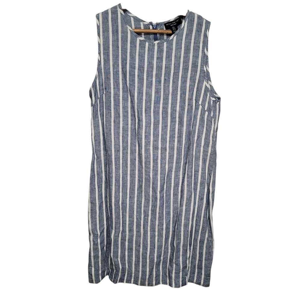 Willi Smith 100% Linen Blue And White Sleeveless Dress Size 6